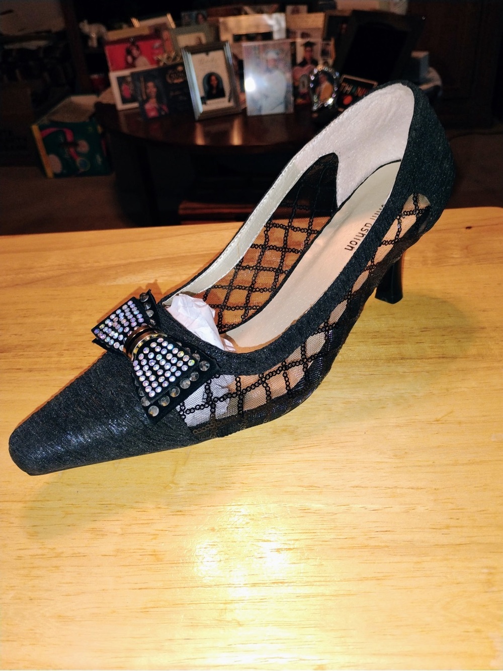 Black Mesh Pointed Toe Heels with Rhinestone Bow